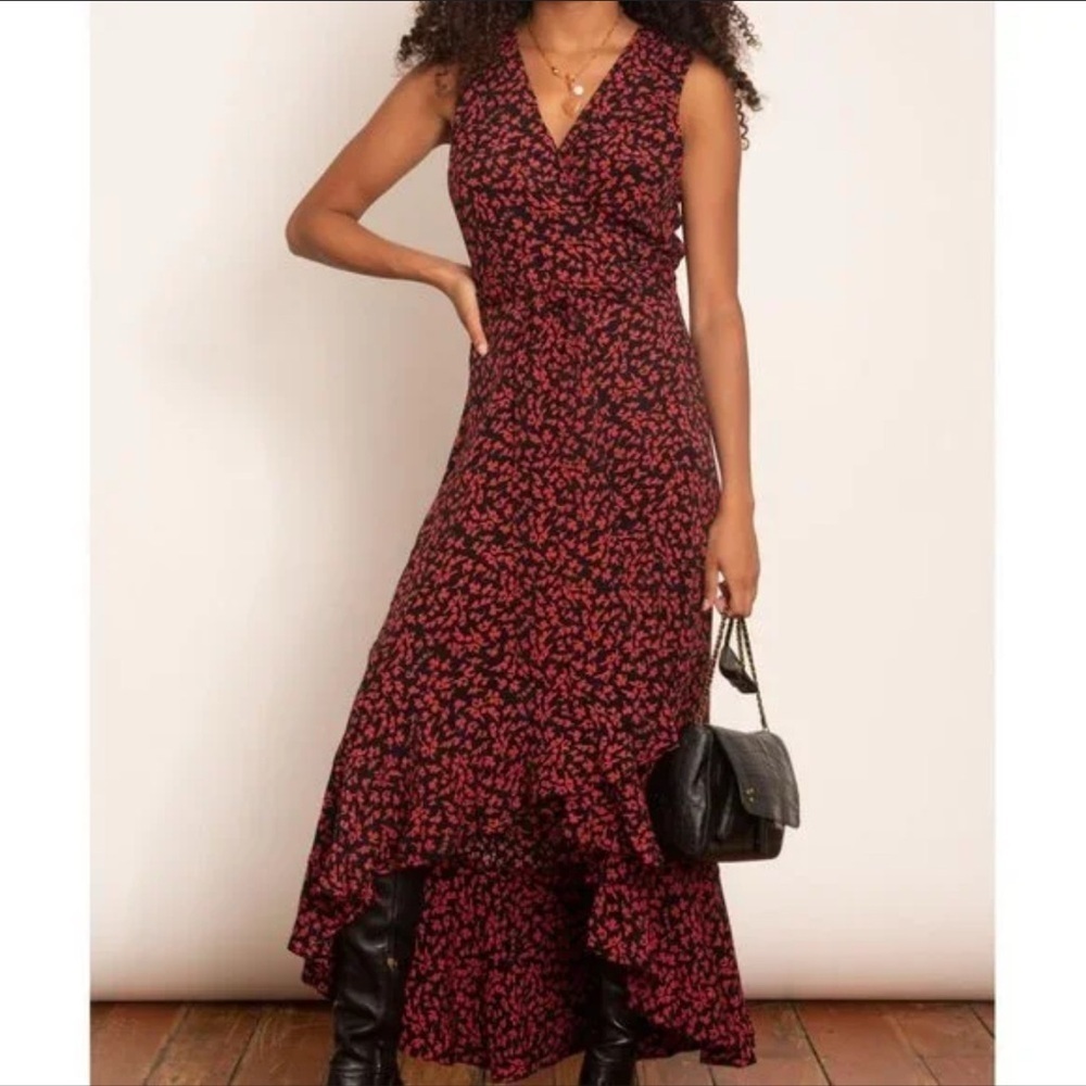 Ganni Floral Logo Print High Low Wrap Dress Black Red